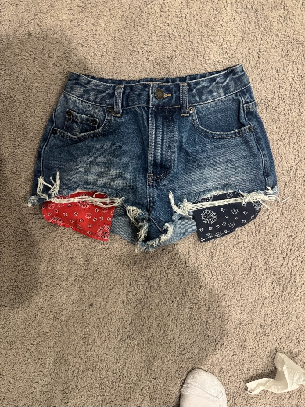 Katie J NYC Distressed Denim Shorts with Red & Navy Bandana Insets